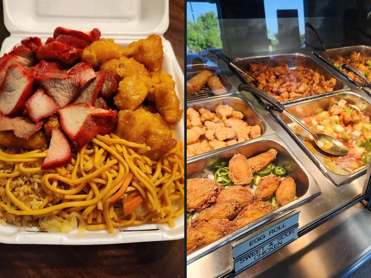 Comfort food spot with indoor dining tables.