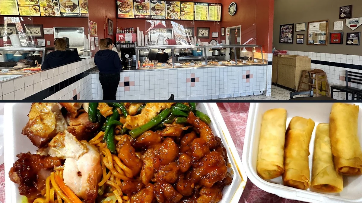 Comfort food spot with indoor dining tables.